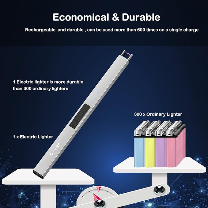 Lighter Electric Lighter Candle Lighter USB Lighter Rechargeable Lighter Arc Lighters for Candle Camping Family Use BBQs with LED Battery Display Safety Switch Flameless Windproof (Silver)