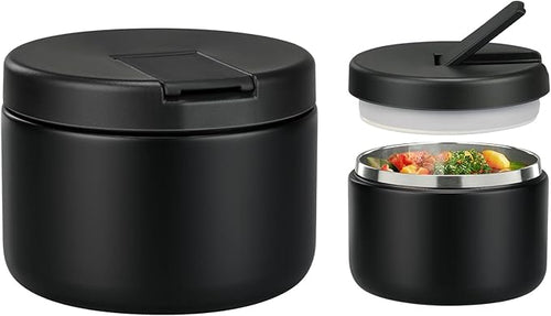 12oz Kids Soup Thermo for Hot Food Insulated Vacuum Food Jar with Buckle Lid, Stainless Steel Wide Mouth Leak Proof Lunch Container for School Travel-Black