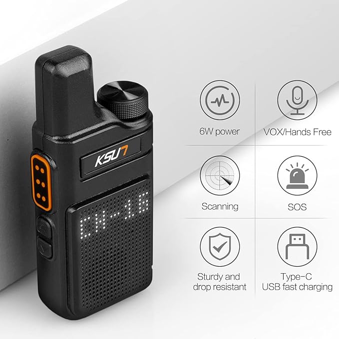 KSUN Walkie Talkies with Earpiece and Mic 22 FRS Channels Drop-Resistant, Long Range Dotted Matrix Display VOX 4000mAh Rechargeable Battery for Adults Hiking Camping M6 (2 Pack)