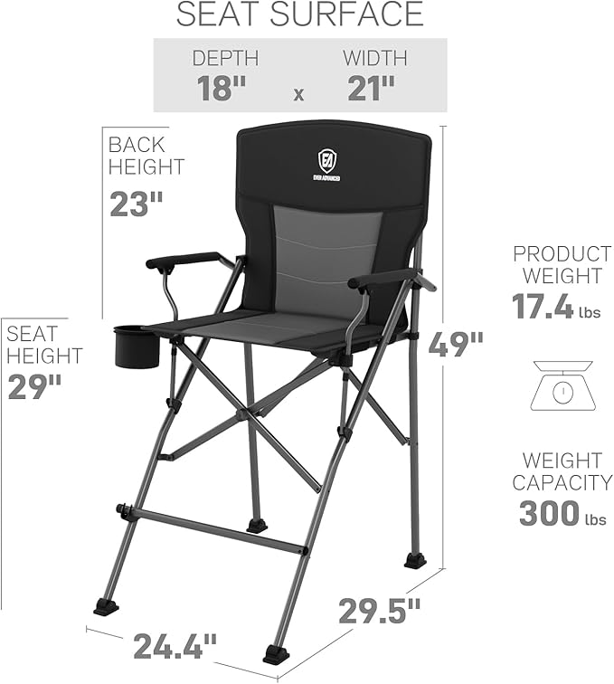 EVER ADVANCED Tall Directors Chair with Cup Holder 31", Bar Height Folding Chair for Camping, Sports with Carry Bag, Mesh Pockets and Footrest, Heavy Duty 300 lbs, Black