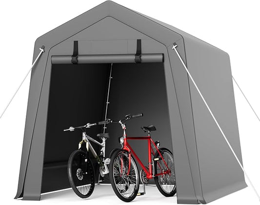 Garvee 6 ft x8 ft Outdoor Portable Storage Shed, Waterproof & UV-Resistant Garage Shelter with 2 Roll-Up Zipper Doors, Anti-Snow Carport Tent for Motorcycle, Bike, and Outdoor Equipment, Gray