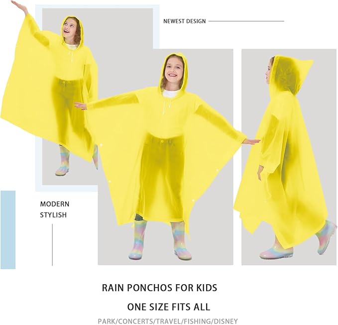 2 Pack Kids Rain Ponchos Reusable EVA Ponchos with Drawstring Hood, Waterproof Jacket for Boys and Girls