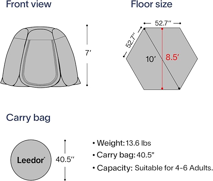 LEEDOR Pop Up Screen House Tent, UPF 50+ and Windproof Dome Outdoor Canopy Tent with Roll Up Zipped Door Privacy Gazebo, Compact and Lightweight for Party Camping Fishing Picnic, Grey