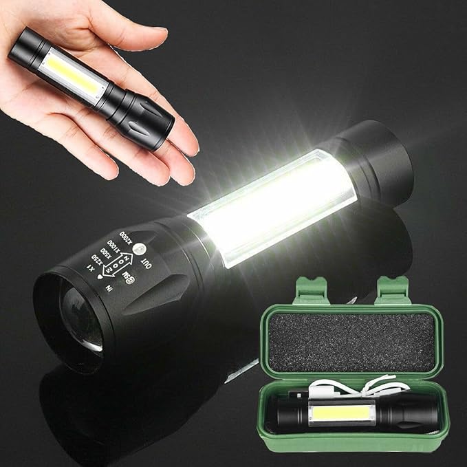 Rechargeable Flashlights High Llumens LED-Mini USB Rechargeable Flashlight for Home 3 Modes Adjustable Focus Portable Waterproof Flashlight with COB Side Lights Tactical Flashlight (1pack)