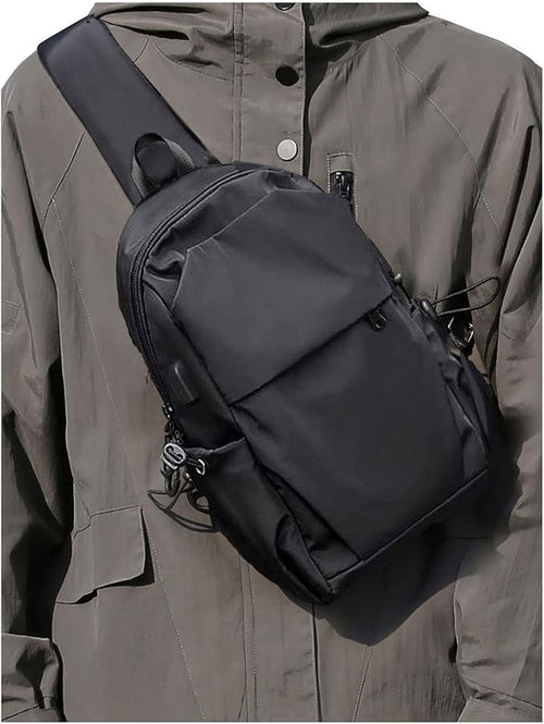 SEAFEW Small Black Sling Crossbody Backpack Shoulder Bag for Men Women, Lightweight One Strap Back Pack Sling Bag Backpack for Hiking Walking Biking Travel Cycling USB Charger Port-Nylon