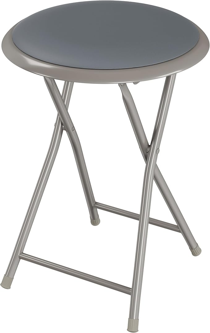 Round Folding Stool - Heavy-Duty 18-Inch Padded and Portable Stool with 300lbs Capacity for Dorm, Rec Room, or Game Room by Trademark Home (Gray)