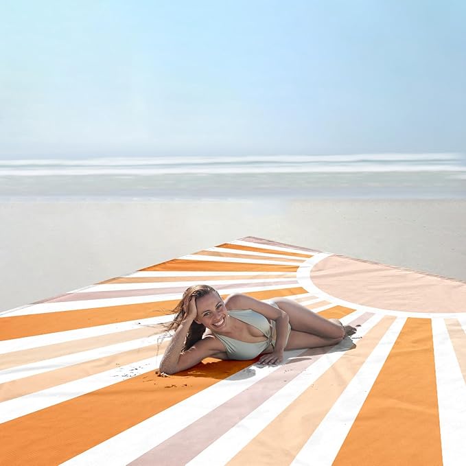 Beach Blanket Waterproof Sandproof, 78''×86'' Large Bohemian Picnic Blankets for 2-4 Adults, Lightweight & Compact 210T Polyester Beach Mat Sand Free w/ 4 Stakes & 4 Corner Pockets-Orange Sun