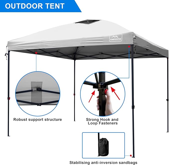 KAMPKEEPER Canopy Tent,Outdoor Canopy,10x10 Pop Up Canopy Tent for Commercial Garden Wedding Camping Party,3 Adjustable Height with Ropes and 4 Stakes (White)