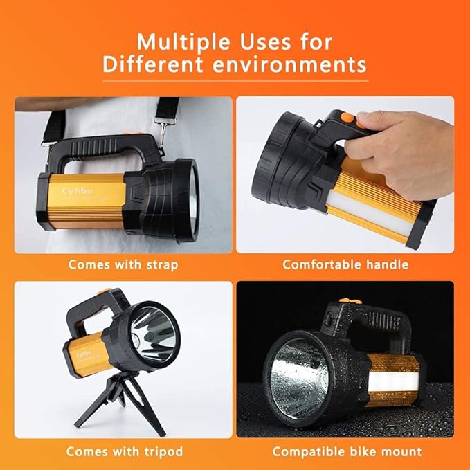 Super Bright LED Handheld Spotlight Flashlight Rechargeable 9600mAh 6000 Lumens Long Lasting Spot Light Waterproof Tactical Torch, 6 Light Modes Side Floodlight, USB Output PowerBank