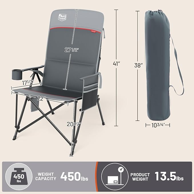 TIMBER RIDGE Oversized Heated Camping Chair with Lumbar Support, Portable Folding High Back Chair Heavy Duty for Adults Supports 450 LBS for Outdoor Camping, Lawn, 2 Pack