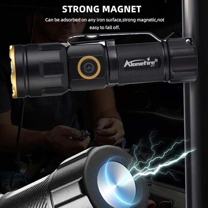 ALONEFIRE X77 LED Mini Flashlight High Lumens USB C Rechargeable Zoom Small Flashlight Bright Lightweight Pocket Size Long Range with 5 Light Modes Magnetic with Clip, Rechargeable Battery for EDC