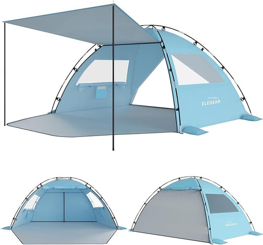 Elegear Beach Tent Sun Shelter with Canopy, 6-8 Person Beach Tent, Easy Setup UPF 50+ UV Protection Portable Lightweight Double Silver Coating Cabana Sun Shade Shelter - Sky Blue