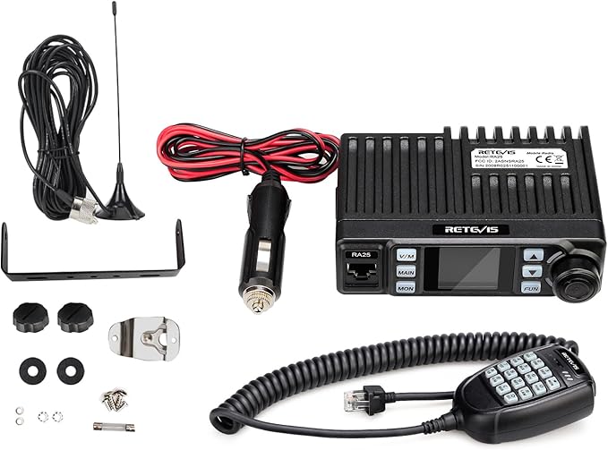 Retevis RA25 Dual Band Mobile Radio, Mini Mobile Transceiver with MR100 High Gain Antenna, 500 Channels, FM radio, Emergency Alarm, VOX, Long Range Mobile Two Way Radio for Traveling Farm