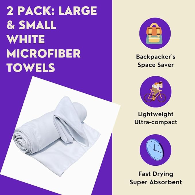 Microfiber Quick Dry Bath Camping Towel 2 Pack White Absorbent, Sand Free, Soft, Thin Lightweight Sports Travel Towels with Bag for Women Men and Kids