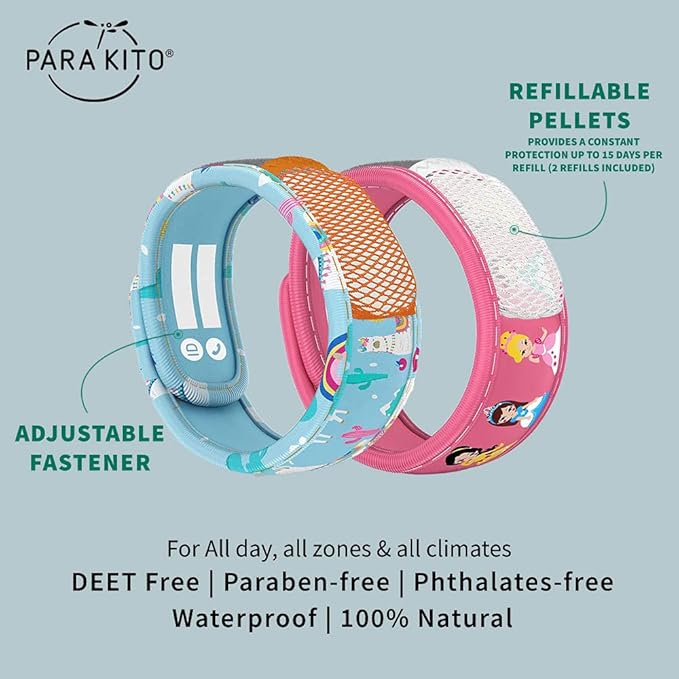 PARA'KITO Mosquito Repellent Pack - 2 Kids Wristbands & 2 Refills Princess/Llama