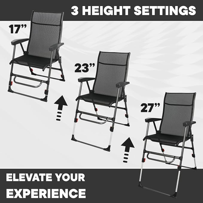 Sports Chair - Height Adjustable Camping Chair with 3 Levels, Lightweight Aluminum, Mesh Back - Rise Above The Crowd with Ultimate Comfort & Versatility