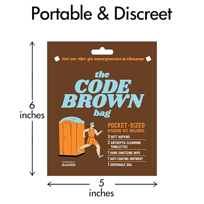 CODE BROWN Bag, Single Use Portable Travel Bathroom Pack, Includes Butt Napkins, Hand Wipes, Disposal Bag, Hand Sanitizer, Anti-Chafe Ointment, for Running, Hunting, Camping, Hiking, Outdoors