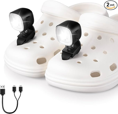 Rechargeable Croc Lights for Shoes 2pcs, LED Headlights for Croc Sandals Sneakers, Croc Accessories for Kids Boys Girls Men Women, Dog-Walking Hiking Hunting Camping Accessories (Black)