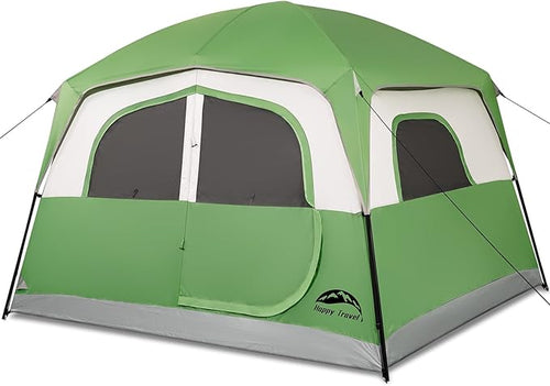 Happy Travel Tent 6 Person Tents for Camping, Waterproof Easy Setup Camping Tent with Rainfly, Portable Large Family Cabin Tent with 5 Large Mesh Windows and Carry Bag for Outdoor Camping & Hiking