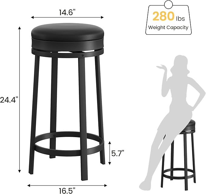IDEALHOUSE 24'' Swivel Bar Stools Set of 4 with Footrest, Modern Counter Height Barstools with PU Leather Upholstered and Metal Frame, Backless Round Bar Stools for Kitchen Island, Black