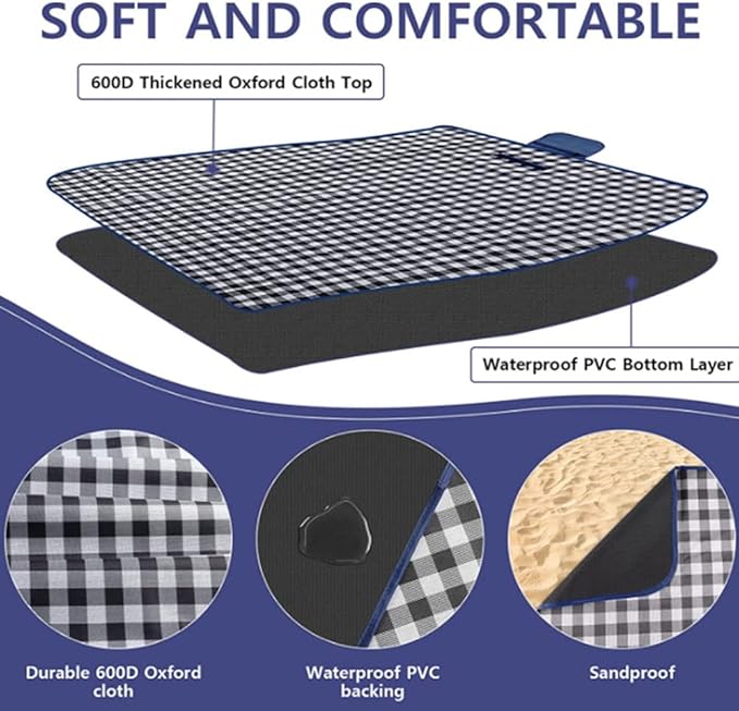 K Y KANGYUN Outdoor Picnic Blankets 80" x 80", Extra Large Beach Blanket, Foldable Lightweight Waterproof Sand Mat, Picnic Blanket for Beach Camping Hiking Park Patio (Dark Blue, 80x80 inch)
