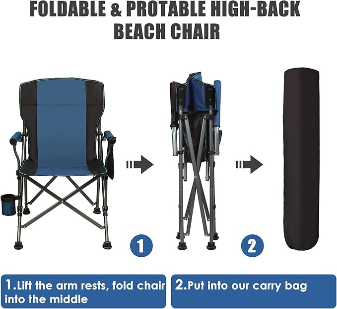 LEADALLWAY Folding Camping Chair Oversized Collapsible Camp Chair with Cup Holder and Removable Storage Bag, Heavy Duty Support 350 LBS, Portable Lawn Chair for Outdoor Camp, Picnic, Travel, Fishing