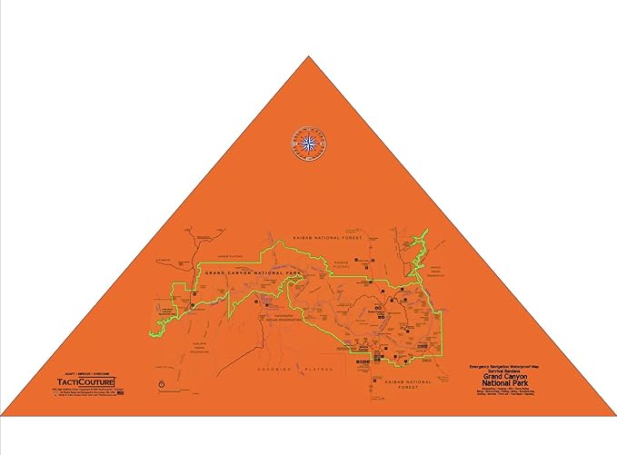 Grand Canyon National Park Map Survival Bandana - Ultra-Light Emergency Navigation Scarf - Lightweight Signal Blaze Orange Lightweight Hiking Camping