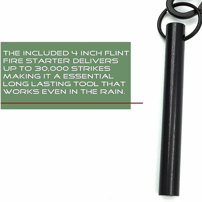 Ferro Fire Starter 4 inch Survival Ferrocerium Drilled Flint Fire Starter, Ferro Rod Kit with Paracord Lanyard Handle, Striker, Cotton Tinder Tab in o-Ring Sealed Carrier Tube and Carry Clip