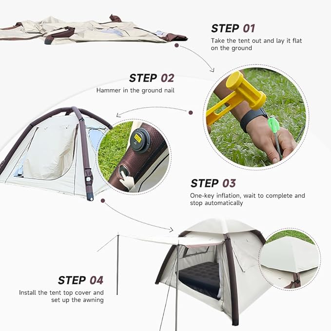 Cow-HQUS Camping Tents 4 Person,3 Minute Easy Set Up Waterproof Tent,Pop Up Tents for Camping, Portable Family Auto-Inflating Instant Tent with Mesh Windows, Large Inflatable Tents for Camping