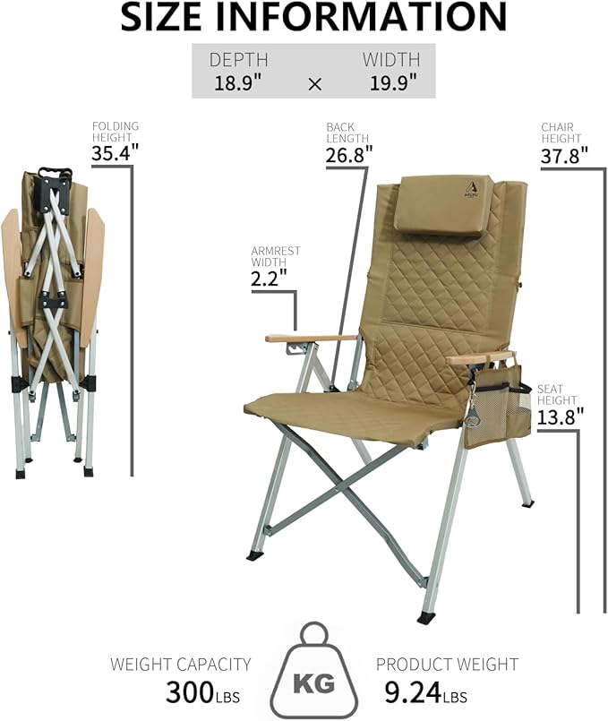 Camping Reclining Chair, Heavy Duty Folding Chairs with 4-Stage Adjustable High Back for Adults, Compact Foldable Outdoor Patio Reclining Chair with Storage Bag (Khaki)