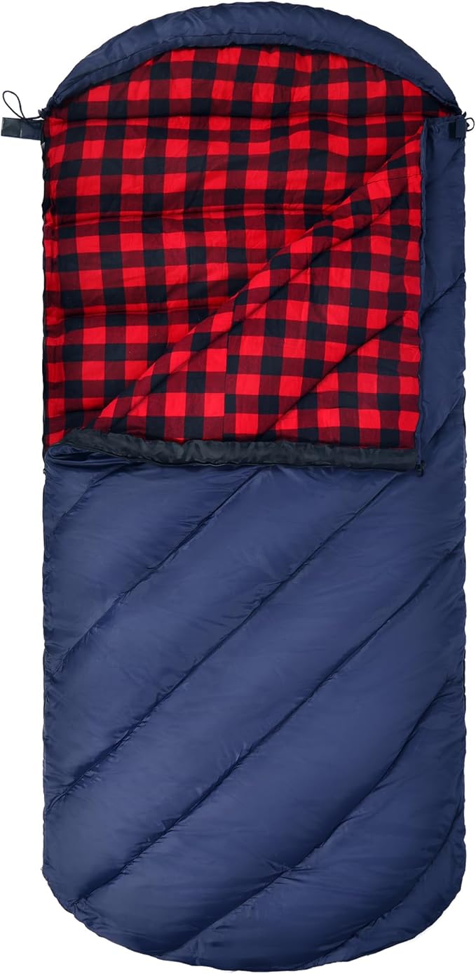 REDCAMP Flannel Sleeping Bag for Adults, Comfortable Cotton Sleeping Bags for Camping with Detachable Hood, Red/Grey/Blue