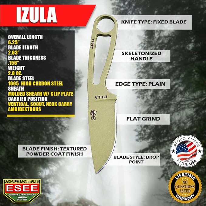 ESEE Knives Izula Fixed Blade Knife w/Survival Kit, Sheath & Clip Plate (Desert Tan)