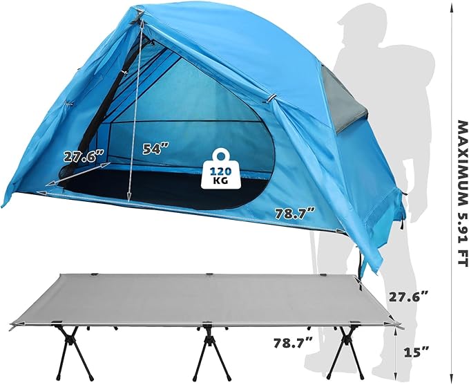 4-in-1 Camping Cot Tent, Foldable Elevated Tent Set for 1 Person to Use, Elevated Camping Bed Tent for Outdoor Hiking, Camping