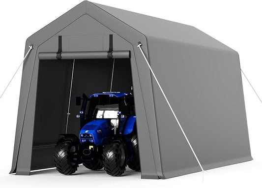 Garvee 7 ft x10 ft Outdoor Portable Storage Shed, Waterproof & UV-Resistant Garage Shelter with 2 Roll-Up Zipper Doors, Anti-Snow Carport Tent for Motorcycle, Bike, and Outdoor Equipment, Gray