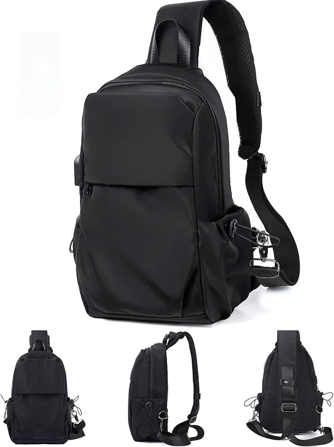 SEAFEW Small Black Sling Crossbody Backpack Shoulder Bag for Men Women, Lightweight One Strap Back Pack Sling Bag Backpack for Hiking Walking Biking Travel Cycling USB Charger Port-Nylon