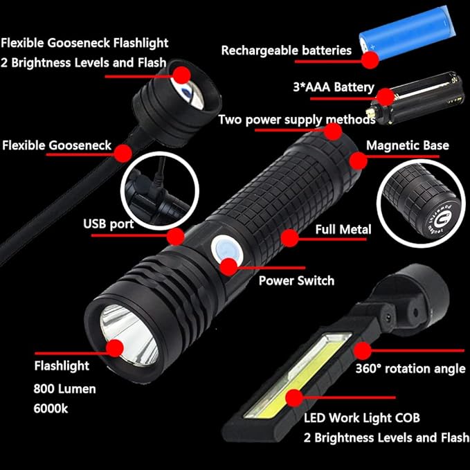 LED Work Lights Kit with Magnetic Base, Waterproof Slim Bar Light, Barbecue Flexible Goose Neck Lamp, 3 in 1 Rechargeable Riding Flashlights for Household Tool, Emergency,Camping and Auto Repair