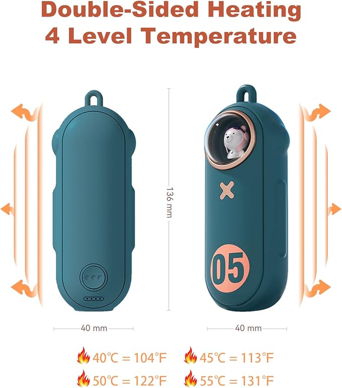 Portable Hand Warmer Electric Fast Warming Up Power Bank, 10000mAh Rechargeable Hand Warming 4 Heat Levels Double-Sided Heating, Cute Pocket USB Handwarmer for Outdoors Hunting Camping