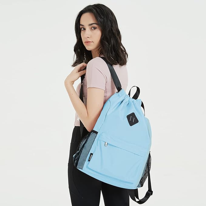 WANDF Drawstring Backpack Sports Gym Bag with Shoes Compartment, Water-Resistant String Backpack Cinch for Women Men(Large,Light blue)