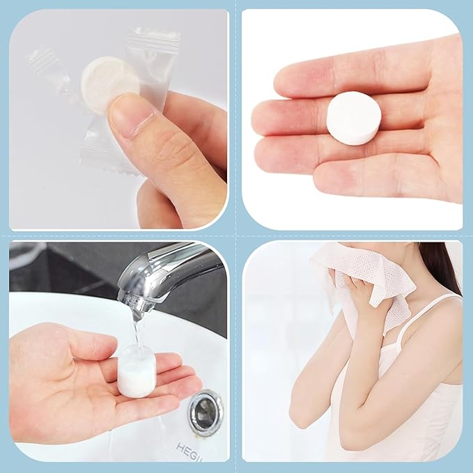 100 PCS Compressed Towel, Mini Tablets Disposable Portable Face Towel Cotton Coin Tissue for Travel, Camping, Hiking, Sport, Beauty Salon, Home Hand Wipes and Other Outdoor Activities