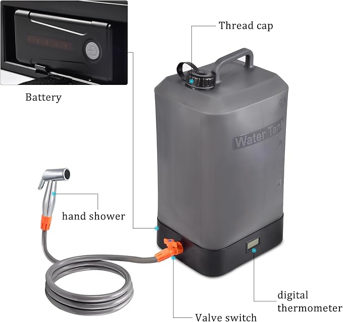 Portable Outdoor Shower, 4.5 Gallon Silicone Water Tank, Battery Powered and with Temperature Display, Solar Heating, Easy to Carry, Emergency Water in The car, Very Suitable for Camping, Beach