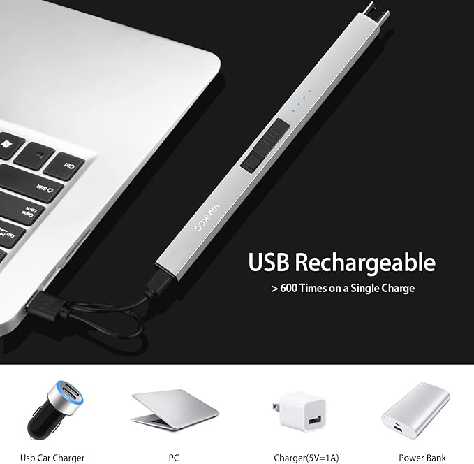 Lighter Electric Lighter Candle Lighter USB Lighter Rechargeable Lighter Arc Lighters for Candle Camping Family Use BBQs with LED Battery Display Safety Switch Flameless Windproof (Silver)