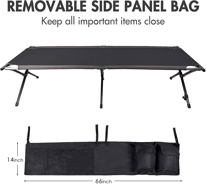 PORTAL Folding Portable Camping Cot, Guest Bed with Carry Bag and Side Storage Organizer, Camping Cots for Adults Sleeping, Away Tent Sleeping Cot Bed, Supports 300 LBS, Black
