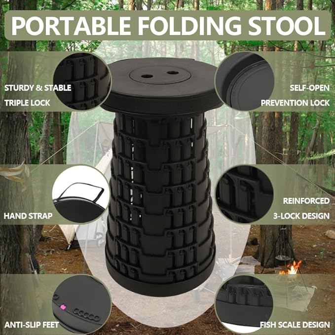 Collapsible Stool Chair 2PCS, Max 660lb Upgraded Folding Stool, Lightweight, Sturdy, Adjustable, Portable, Foldable Seat Stools for Outdoor Camping Fishing Hiking BBQ