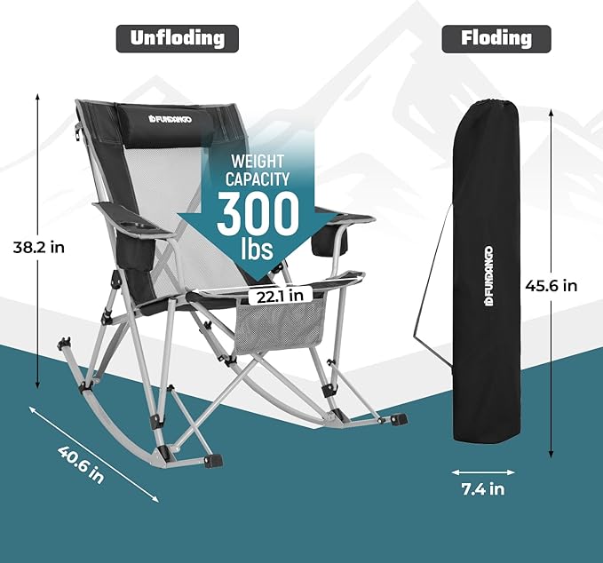 FUNDANGO Rocking Camping Chair, High Mesh Back Portable Folding Camp Chairs with Pillows, Cup Holder and Carry Bag for Lawn Patio Garden Outdoor Supports 300 Lbs (Black/Grey)