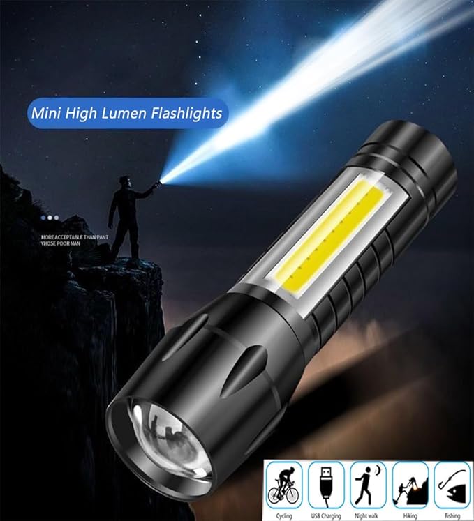 Rechargeable Flashlights High Llumens LED-Mini USB Rechargeable Flashlight for Home 3 Modes Adjustable Focus Portable Waterproof Flashlight with COB Side Lights Tactical Flashlight (1pack)