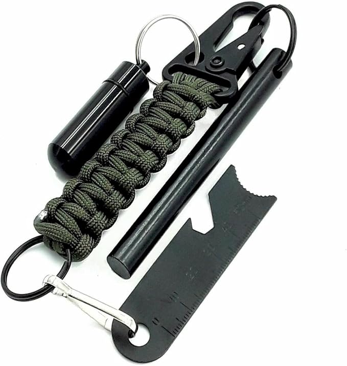 Ferro Fire Starter 4 inch Survival Ferrocerium Drilled Flint Fire Starter, Ferro Rod Kit with Paracord Lanyard Handle, Striker, Cotton Tinder Tab in o-Ring Sealed Carrier Tube and Carry Clip