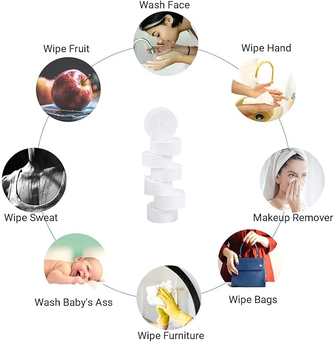 100 PCS Compressed Towel, Mini Tablets Disposable Portable Face Towel Cotton Coin Tissue for Travel, Camping, Hiking, Sport, Beauty Salon, Home Hand Wipes and Other Outdoor Activities