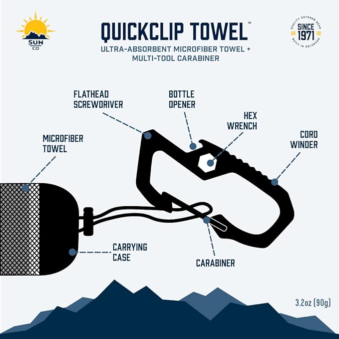 Sun Company QuickClip Camp Towel - Ultra-Absorbent Microfiber Towel with Carabiner Multi-Tool | Includes Screwdriver, Hex Wrench, and Bottle Opener | for Camping, Hiking, Travel, or Running