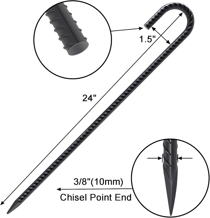 VVOKGO 24 Inches Rebar Stakes Heavy Duty J Hook, Curved Steel Plant Support Garden Stake with Chisel Point end, Hammer Through Hard Soil for Chain Link Fence and Gazebo - Black Coated 32pcs