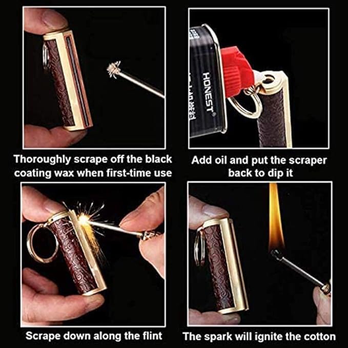 Fire Starter Lighter Waterproof Flint Match Outdoor Camping Permanent Metal Matchstick with Keychain(Sold Without Fluid) (Silver+Red)